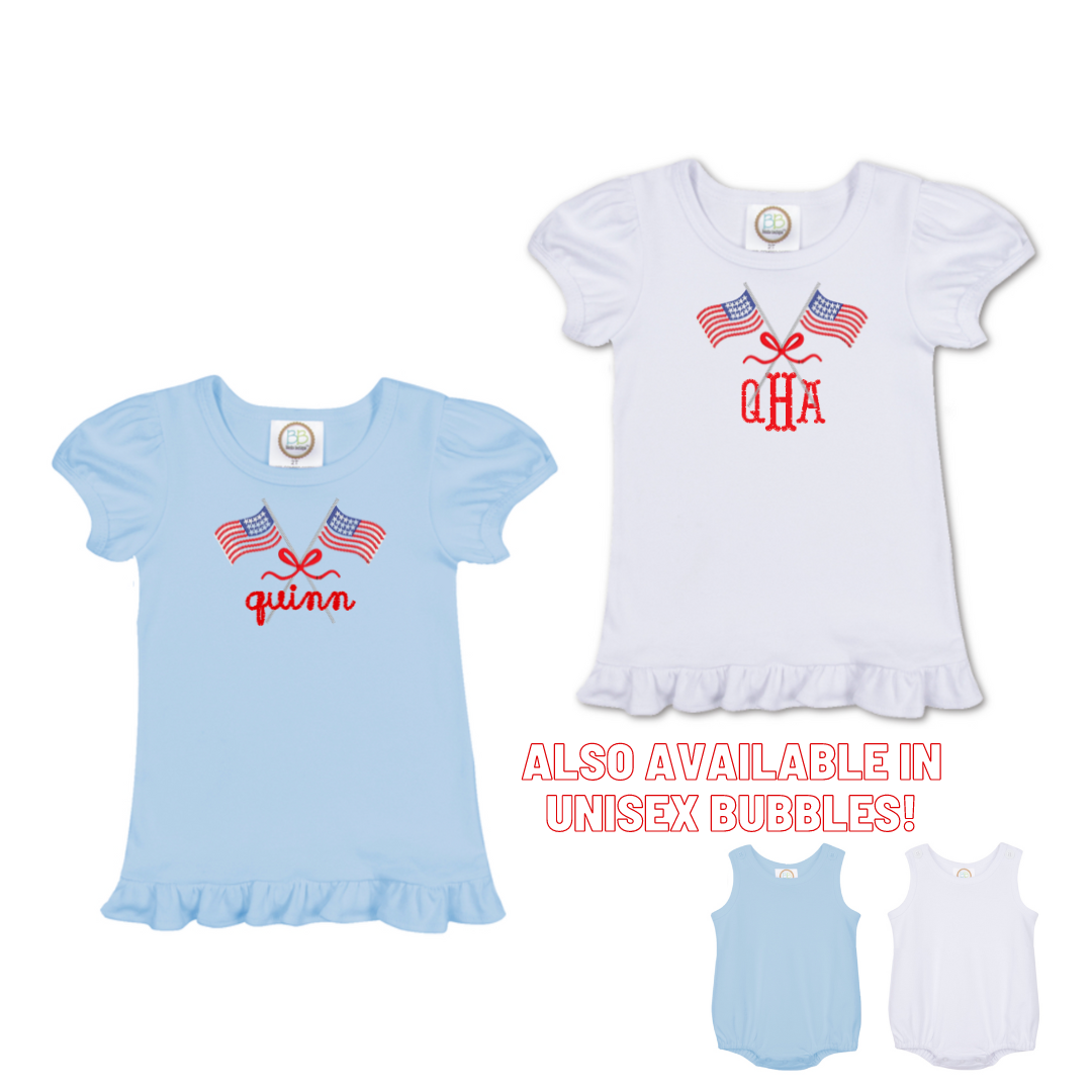 Patriotic Flags with Bow Ruffle Tee or Bubble