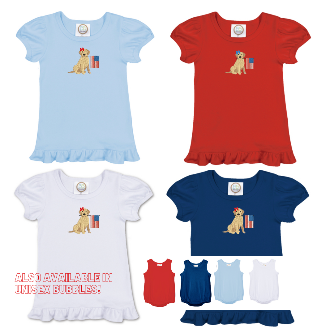 Puppy Girl with Flag Ruffle Tee or Bubble