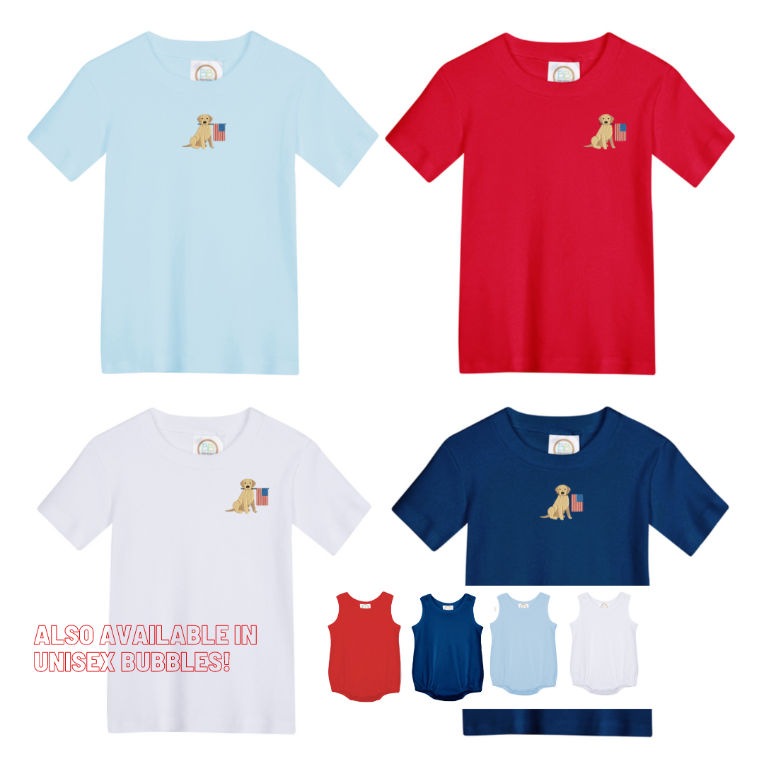 Puppy with Flag Short Sleeve Tee or Bubble